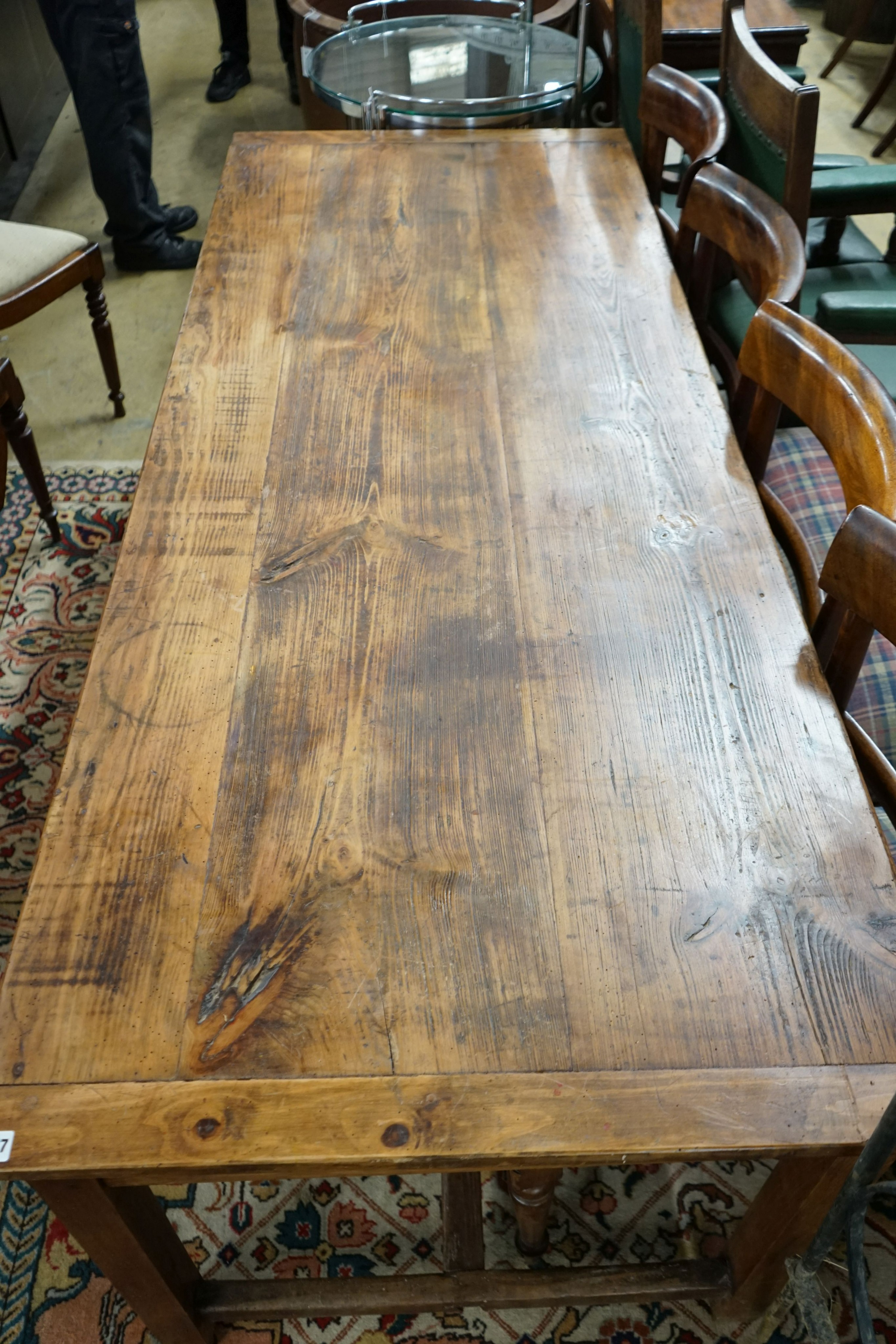 A 19th century French pine and fruitwood rectangular kitchen table, length 200cm, width 79cm, height 73cm
